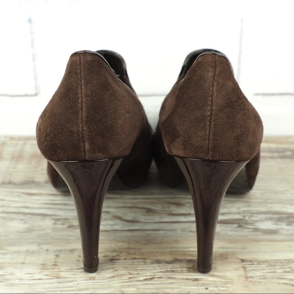 Franco Sarto brown suede & patent heeled loafers